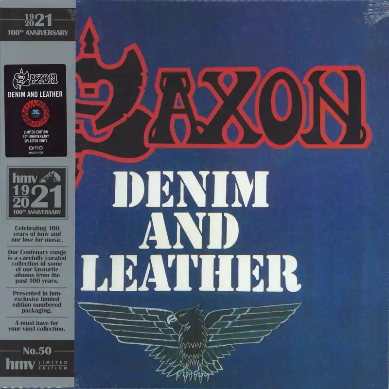 Saxon Denim And Leather - Red & Black Splatter Vinyl - Sealed UK Vinyl LP Markdown
