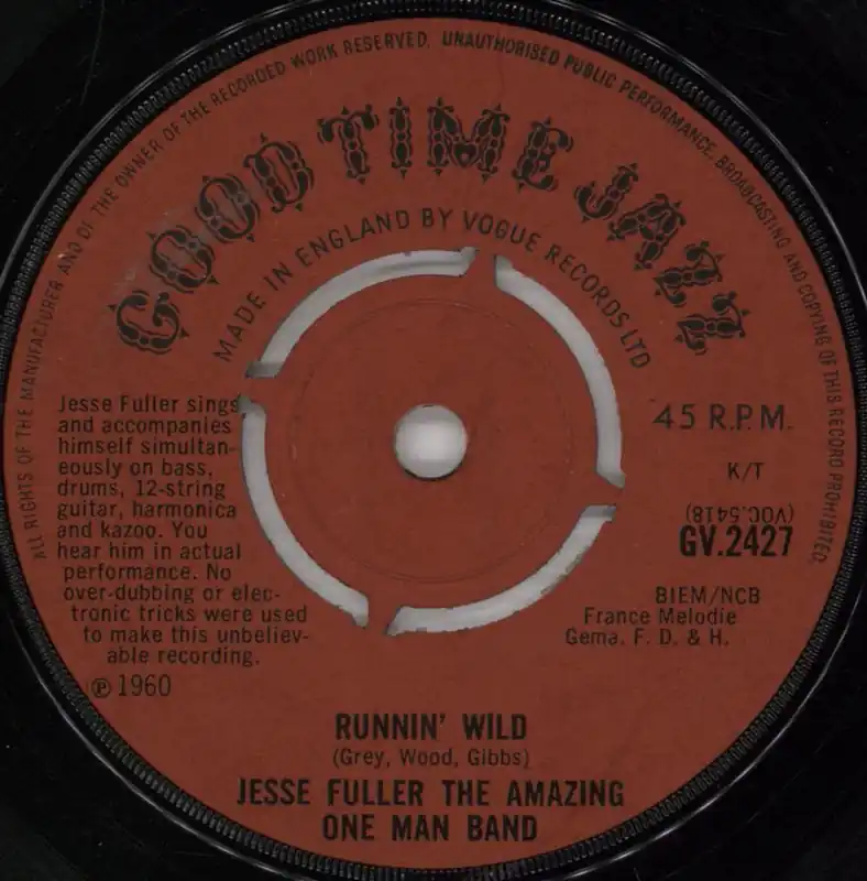 Handmade Jesse Fuller Runnin' Wild UK 7" vinyl