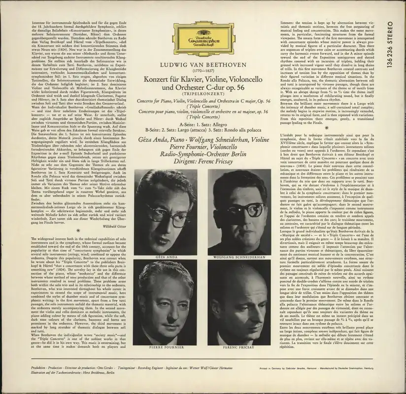 Ludwig Van Beethoven Triple Concerto German Vinyl LP One Day Deal