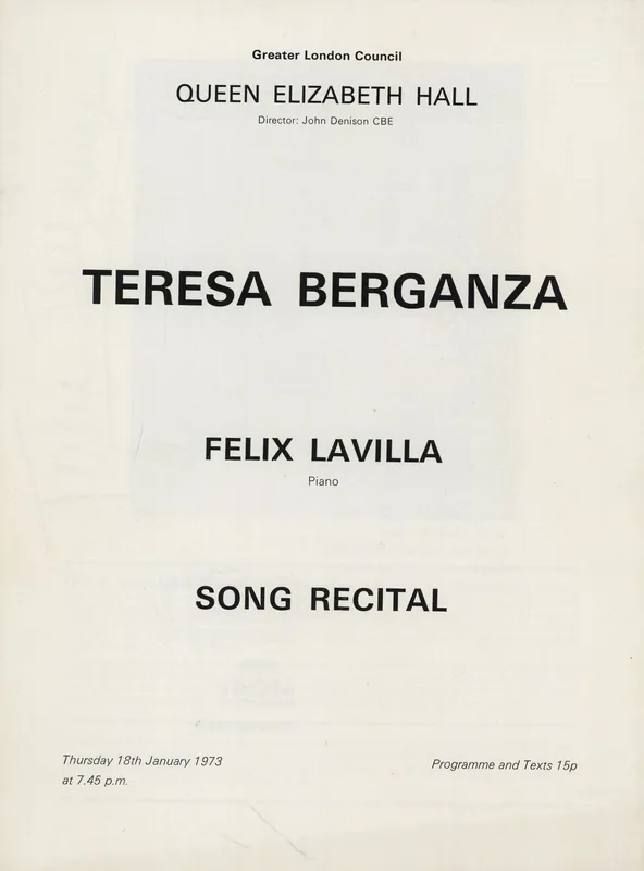 Tereza Berganza Song Recital - Autographed UK Tour programme Special Offer