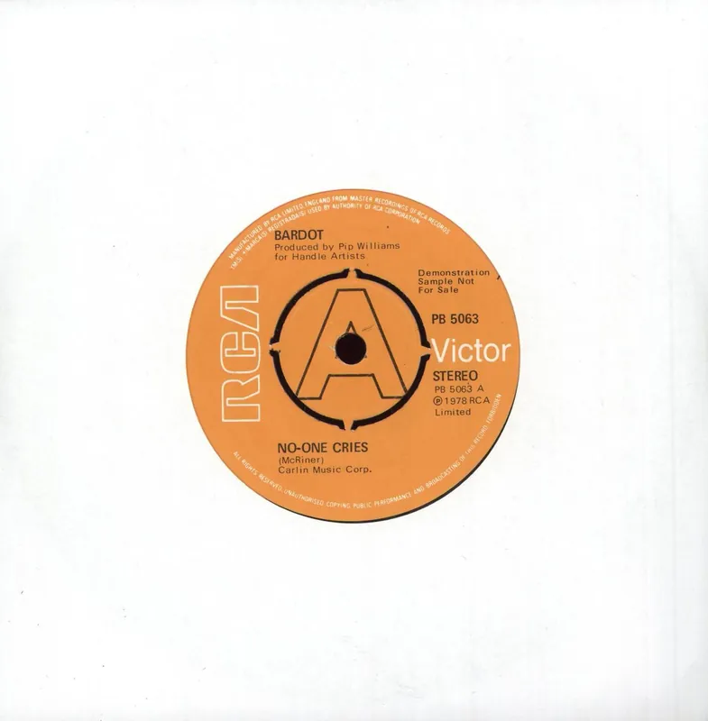 Bardot No-One Cries - A Label UK Promo 7" vinyl Buy Direct