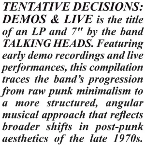 Talking Heads - Tentative Decisions: Demos & Live (LP / 7" Clear Vinyl &ndash; Sonic Boom Records Instant Buy